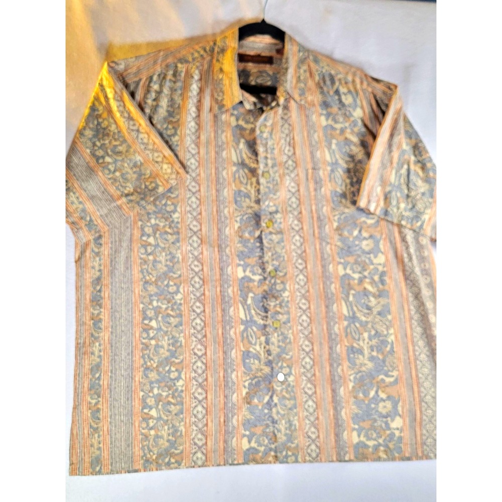 Tori Richards Men's 2XL Striped Short Sleeve Woven Button-Up Shirt Blue Tan